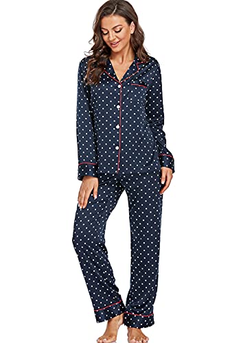 Image of Serenedelicacy Women's Satin Pajama Set Long Sleeve Button Down Sleepwear 2-Piece Silky Pj Set
