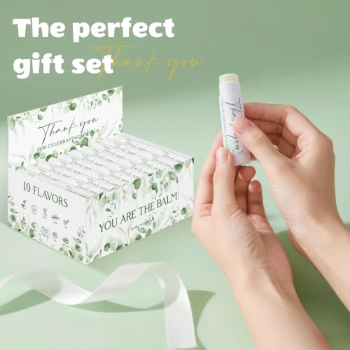Image of 100 Pack Moisturizing Lip Balms Bulk Wedding Party Favors Thank You for Celebrating With Us Gifts Baby Shower Birthday Gift Sage Green Eucalyptus You Are The Balm Beeswax Giveaways Guests