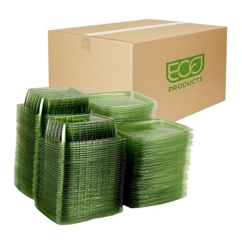 ECO PRODUCTS Compostable 24oz Rectangular Deli Containers With Lids, Case of 200, Veridian Clear Green Meal Prep, Made from PLA, A Renewable Material Made from Plants, One Lid Fits All