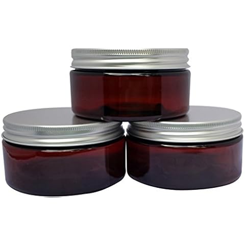 SanDaveVA Amber 8 oz Plastic Jars PET Heavy Wall Low Profile Wide Mouth Jars w/Air Tight and Leak Proof Lined Aluminum Caps 4/pk 8oz and 4 Spatula Cover