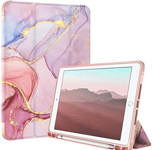 PIXIU Compatible with iPad 9.7 inch Case with Pencil Holder,ipad 6th /5th Generation Cases ,Full Body Protective Folio Leather Smart case Cover with Wake/Sleep Feature (Purple Marble)