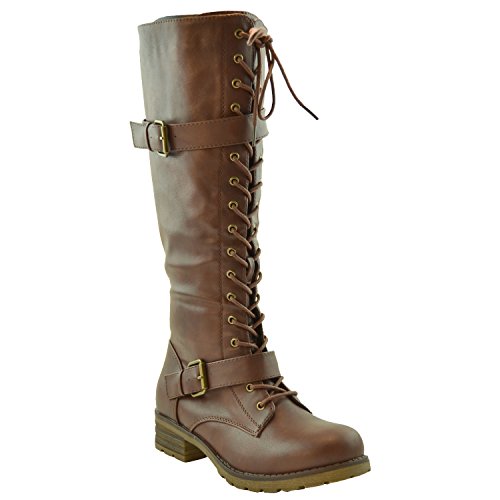 RP By KSC Womens Knee High Boots Faux Leather Lace Up Buckle Straps Shoes Brown SZ 6.5