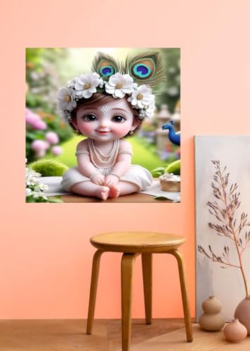 Image of Akki Wold Cute White Krishna With 2-Feather Wall Poster Living Room, Office, Pooja Room (Size - 46CM X 46CM)
