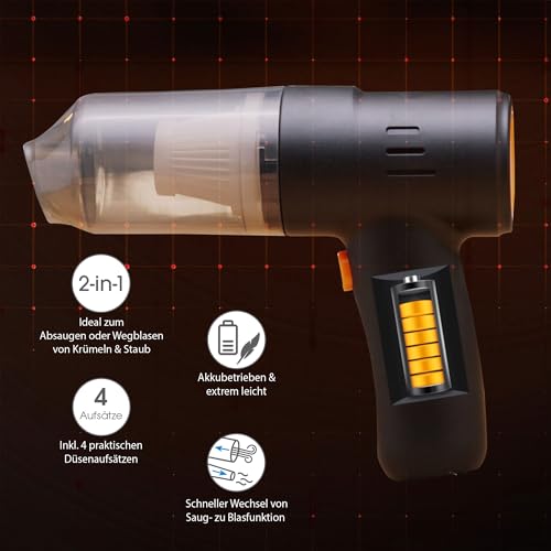 LIVINGTON PocketVac - Doppelpack - Akku Handstaubsauger mit Gebläse - kabelloser Auto-Staubsauger inkl. Aufsätze, USB-C Kabel, Aufbewahrungstasche & Filter