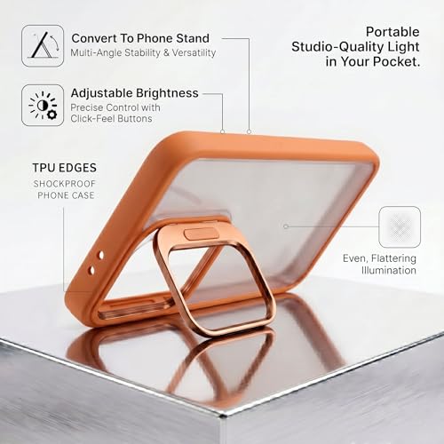 Image of amazon basics Frosted Matte Case for Samsung Galaxy A55 5G | Built-in Flip-Out Camera Lens Stand | Translucent Back with Contrast Orange Bumper | Shockproof Protective Cover with Foldable Kickstand
