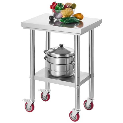 VEVOR Stainless Steel Table, 24 x 18 Inches Food Prep Worktable with Wheels, Kitchen Prep Table with Adjustable Undershelf Workstations for Commercial Kitchen, Restaurant, Hotel and Garage, Outdoor by VEVOR - Used condition - US$57.62