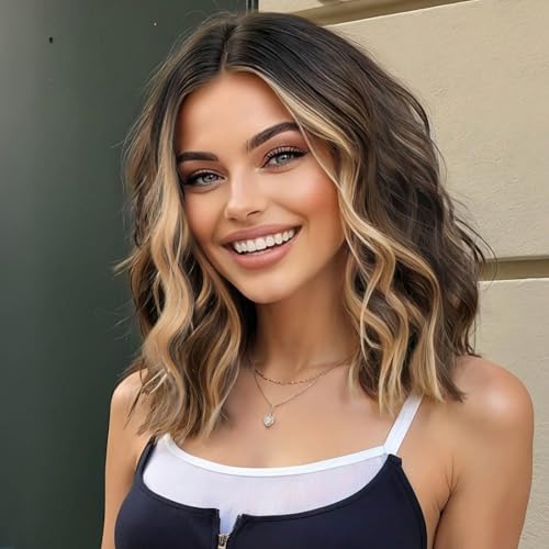 Image of Eawwii Wigs for Women Dark Brown Mix,Short Wavy Synthetic Lace Wig