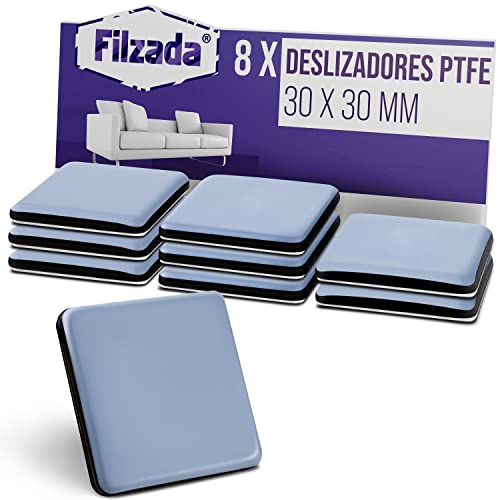 Filzada® 8x Almohadillas de Teflón para Muebles autoadhesivo - 30 x 30 mm (cuadrado) - Deslizadores profesionales de muebles/deslizadores de alfombras PTFE (Teflón) Cover