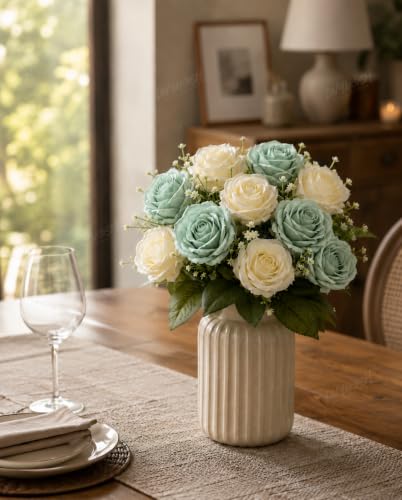 Image of Divyakosh Artificial Rose Flower Bouquet 10 Rose (5 Sage Green + 5 Ivory White Roses) with Green Leaves | Faux Flowers for Home Decor, Living Room, Office, Bedroom| Vase Not Included