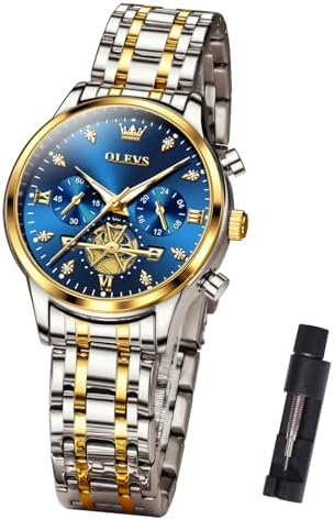 OLEVS Women's Two Tone Watch Blue Dial Luxury Diamond Elegant Ladies Dress Watches Luminous Stainless Steel Multi-Function Chronograph Quartz Wristwatch for Women