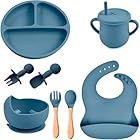 Kit Introdução Alimentar Bebê 8 Peças em Silicone | Livre de BPA | Talheres, Copinho, Pratinho, Pote | Seguro, Atóxico, Antibacteriano | A partir de 6 Meses (Azul Escuro)