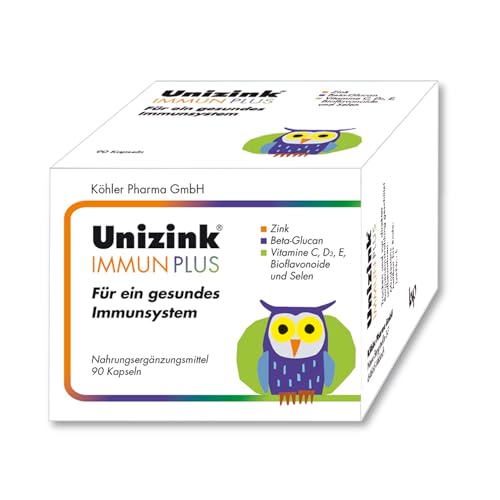 Unizink IMMUN PLUS – Nährstoff-Komplex mit Zink, Vitamin C, D3 und E sowie Selen, Bioflavonoiden und Beta-Glucan, unterstützt eine normale Funktion des Immunsystems, gluten- & laktosefrei, 90 St