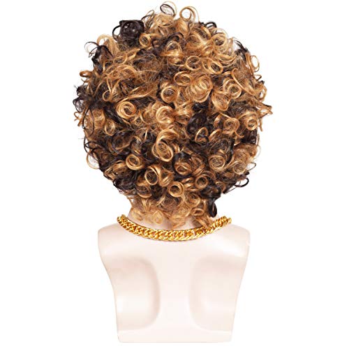 Colorground 3-Pieces Chain And Moustache And Short Curly Wig For 70'S Disco Party (Brown With Blonde(3 Pieces Set)) #TOP4