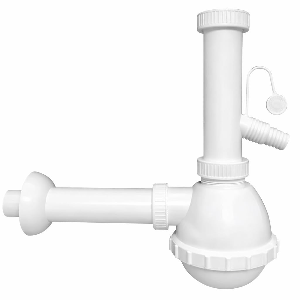 Sifone Lavello Cucina 1 Via 1”1/2, in Plastica Bianca, con Attacco Lavatrice/Lavastoviglie, Scarico Universale Anti-odore