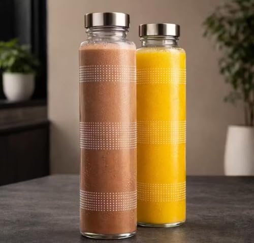 Image of 750 ML Glass Water Bottle with Stainless Steel Leakproof Lid | BPA Free Transparent Glass Bottle | Reusable Fridge Water Bottle for Home, Office, Gym & Travel | Wide Mouth Drinking Bottle (Pack Of 2)