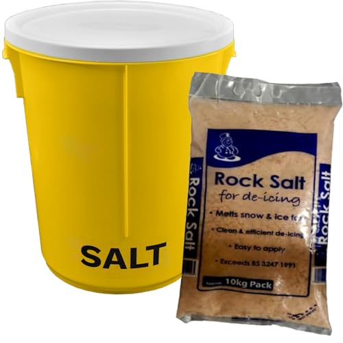 KetoPlastics 25L Yellow Grit Salt Bin 43cm with Lid and 10kg Brown De-icing Salt for Driveway, Path and Patio
