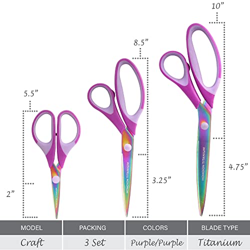 Bamboomn Titanium Softgrip Scissors Set For Sewing, Arts, Crafts, Office - 1 Set Of 3 - Purple #TOP1