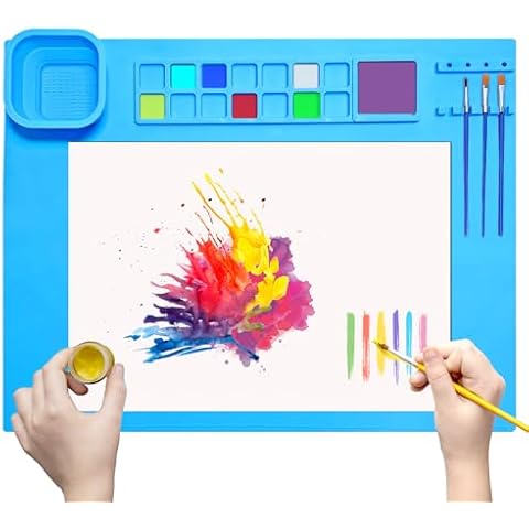 SOQKEEN Silicone Painting Mat 20"x16" Silicone Craft Mat with Detachable Cup Collapsible Non-Stick Art Mat Silicone Paint Mat Playdough Mat for Drawing Crafting Clay Handmade DIY (Blue) Cover