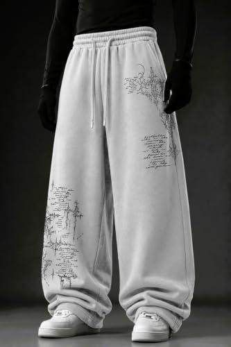 Image of Aesthetic Gothic Wide Leg Pants for Men | Tribal Print Baggy Streetwear | Oversized Track Pants with Elastic Waist | Black and White Relaxed Fit Bottoms
