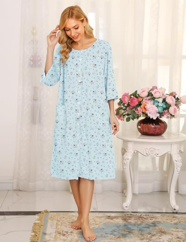 Image of Bloggerlove House Dress Women Cotton Snap Front Nightgown 3 /4 Sleeve Housecoat Duster Robe with Pockets Moomoo Patio Dress