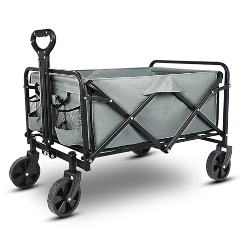 Yesker Foldable Wagon - 220lbs Collapsible Garden Carts with All Terrain Wheels for Outdoor Camping Sports Shopping Gardening - Heavy Duty Portable Utility Trolley (Gray)