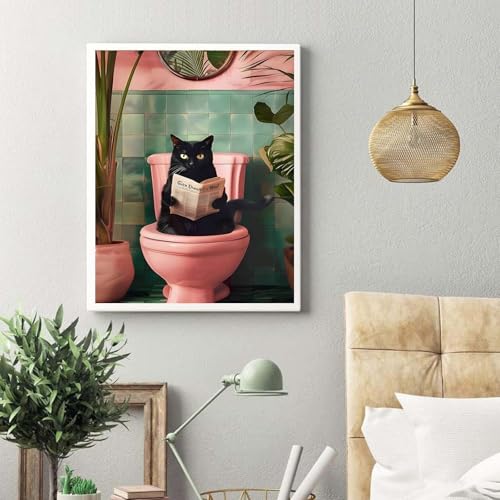 Qiukoo Malen nach Zahlen Erwachsene Lustiges Katzenmotiv im Badezimmer 40×50 cm Leinwand Kreatives DIY Set für Erwachsene und Anfänger Entspannendes Bastelset mit Acrylfarben und Pinseln ohne Rahmen