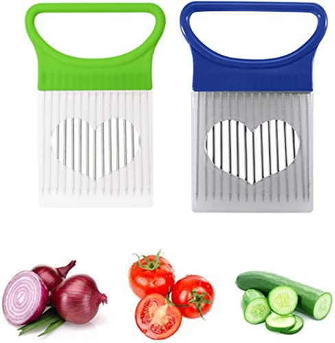 Edelstahl Zwiebelschneider Halter,2 Stück Zwiebel Schneidehilfe,Zwiebelhalter zum Schneiden,Gemüse Frucht Rindfleisch Zwiebel Schneidmaschine,Food Slice Assistant,Kartoffel Slicer(Blau und Grün) Cover