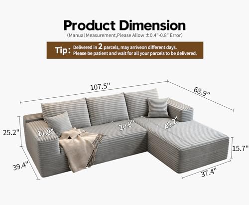 Image of 107.5 inch Cloud Modular Sectional Sofa Couch with L-Shape Chaise,Modern Minimalist Upholstered Couches for Living Room Bedroom,Deep Seat Corner Couch,No Assembly Required (Grey,Right Facing Chaise)