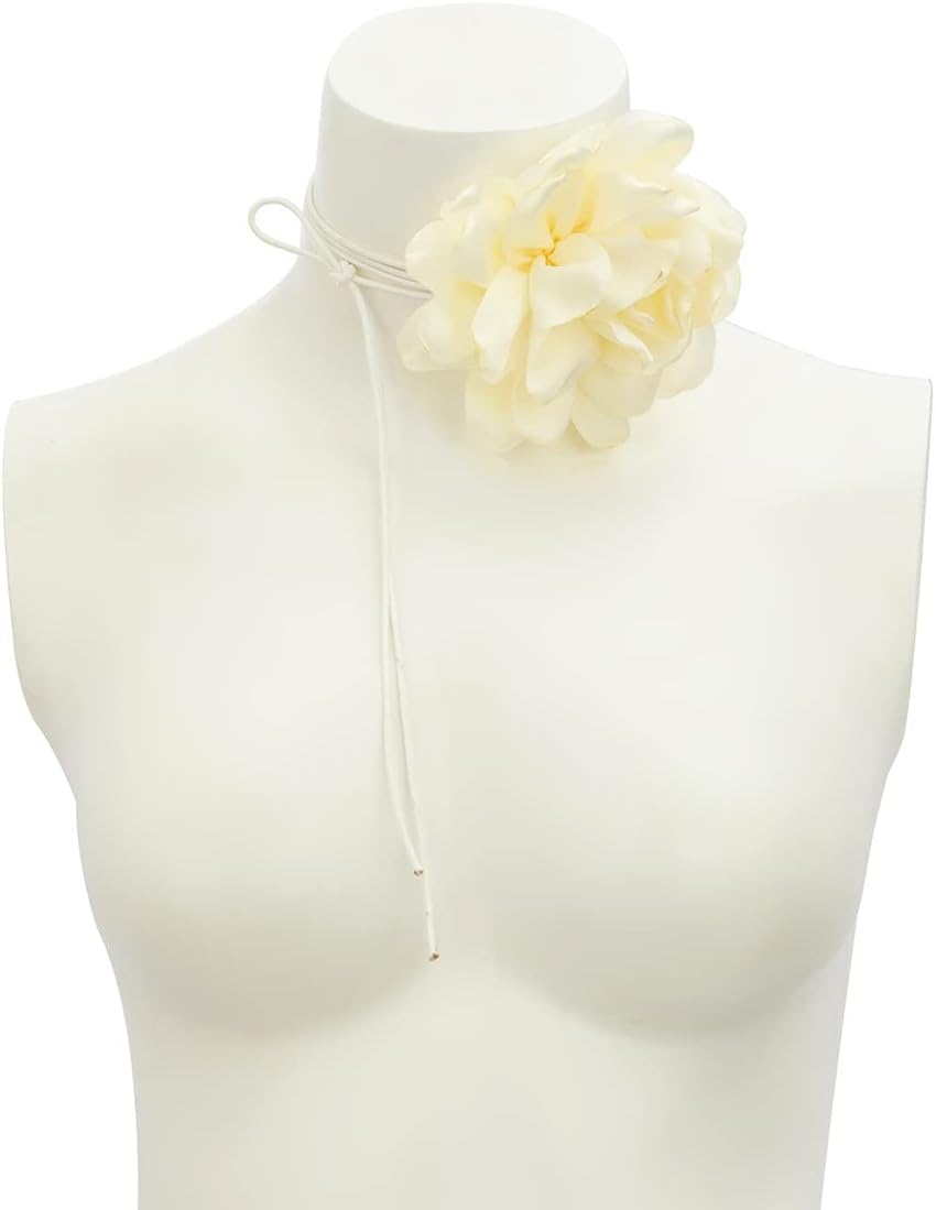 Bohemian Large Flower Choker Necklace Suede Leather Long Wrap Necklace Bow-knot Layered Tie Necklace with Artificial Rose Boho Party Accessories for Women (Ivory) - Image 8