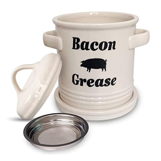 Ceramic Bacon Grease Container With Strainer Lid and Removable Grease Catcher Tray, Bacon Bin | Farmhouse Home Kitchen Decor Porcelain Filter Kitchen Acessories Oil Hardener Cooked Fat Separator - 32OZ