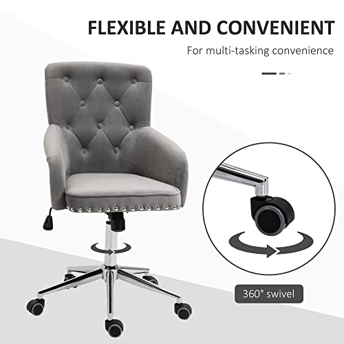 Homcom Modern Mid-Back Desk Chair With Button Tufted Velvet Back, Nailhead Trim, Swivel Home Office Chair With Adjustable Height, Curved Padded Armrests, Grey #TOP6