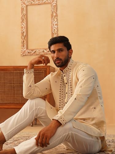 Image of Jompers Men's Cream Sequin Embroidered Kurtas (Cream, XL)