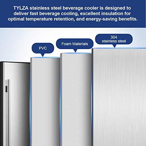 Image of Tylza Outdoor Beverage Refrigerator 24 Inch, Stainless Steel Under Counter Beverage Cooler, 190 Cans Beer Fridge Built-in and Freestanding Beverage Fridge