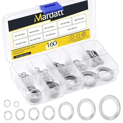Mardatt 160Pcs M3 M4 M5 M6 M8 M10 M12 M14 M16 Double Side Wedge Locking Washer, 304 Stainless Steel Conical Knurled Spring Washer, Vibration Resistant Safety Washers for Bolts