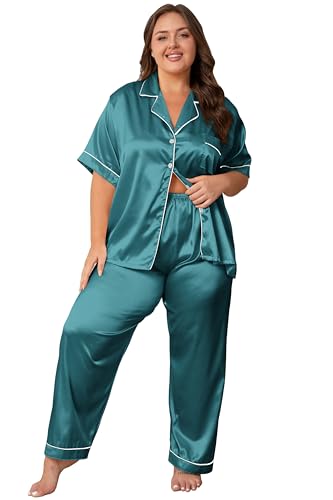 Image of Vozanet Women's Button Down Satin Pajama Sets Silky Short Sleeve Top & Pants Plus Size Loungewear Classic Sleepwear XL to 5XL