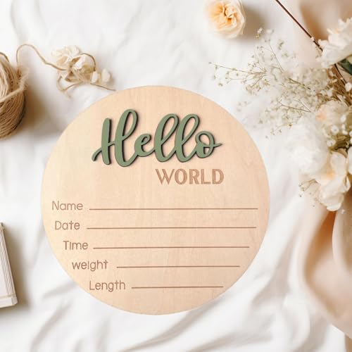 Image of Baby Announcement Sign, 5.9 Inch Wooden Hello World Newborn Signs, Birth Announcement Sign, Baby Shower Hospital Nursery for Newborn Boys and Girls (Forest Green,Pen)