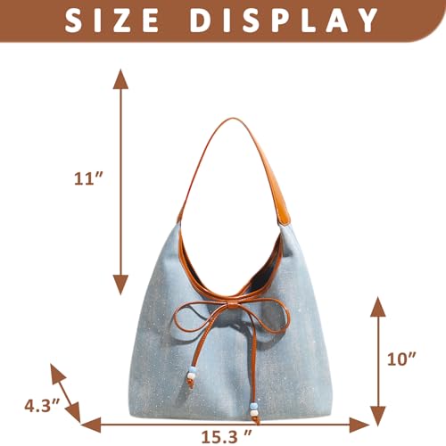 Denim Tote Bag, Bow Rhinestone Shoulder Bag, Large capacity handbag for Women Wedding, Prom, Parties(Brown)2