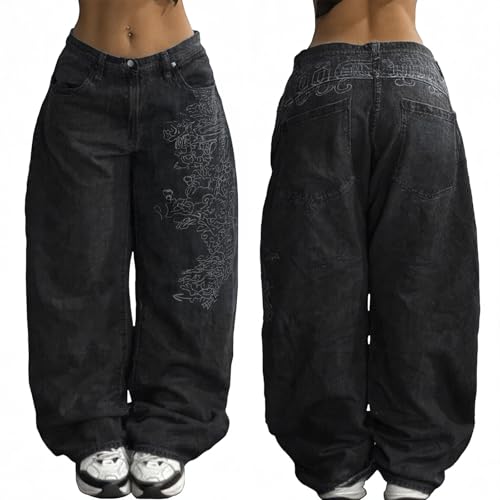 Image of EMMIOL Women Hip Hop 90s Vintage Baggy Jeans Denim Pants Mid Waist Jeans