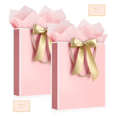 Image of JMANNI Gift Bags with Handles, 11.4 inch Small Mothers Day Gift Bag for Presents, 2 Pcs Bags with 4 Tissue Paper and 2 Cards for Baby Shower Wedding Bridal Shower Mother's Day Birthday Party (Pink-white)