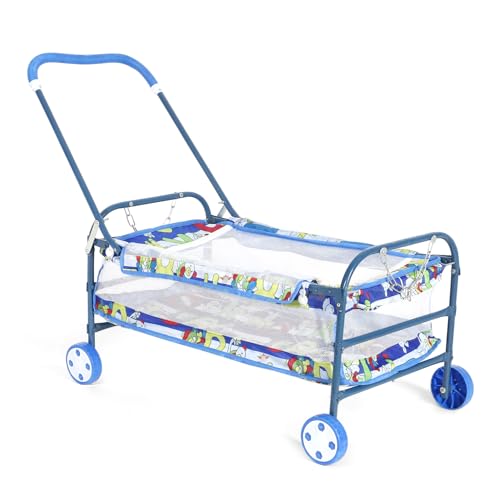 Image of Baby Cradle with Canopy and Wheels, Blue Cartoon Print | Portable Bassinet, Safety Mesh
