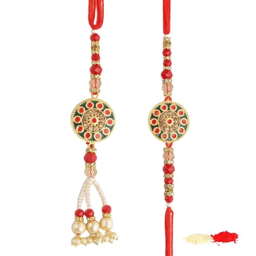 Image of TIED RIBBONS Rakhi for Brother and Bhabhi - Premium Couple Rakhi's Set of 2 with Roli Chawal Tikka - Hanging Lumba Rakhi for Bhaiya Bhabhi - for Rakshabandhan