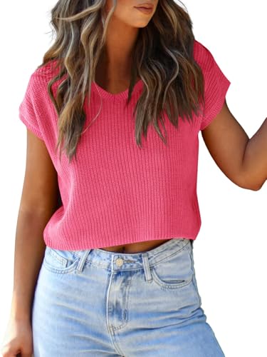 Image of LCXWFE Womens Summer Cropped Sweater Vest Trendy Cap Sleeve Crop Tops Crew Neck Loose Knit Tank Top