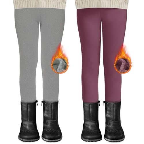 DDOBB Pack de 2 leggings térmicos para niña con forro polar para niños, ropa interior térmica de cintura alta, leggings gruesos, pantalones largos cálidos para el día a día, Gris claro+rosa, 122-134