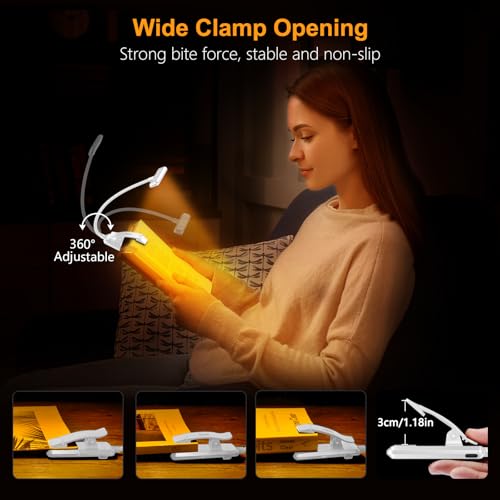 Image of Gritin 19 LED Rechargeable Book Light for Reading in Bed with Memory Function- Eye Caring 3 Color Temperatures,Stepless Dimming Brightness,90 Hrs Runtime Clip on Light for Book Lovers-White