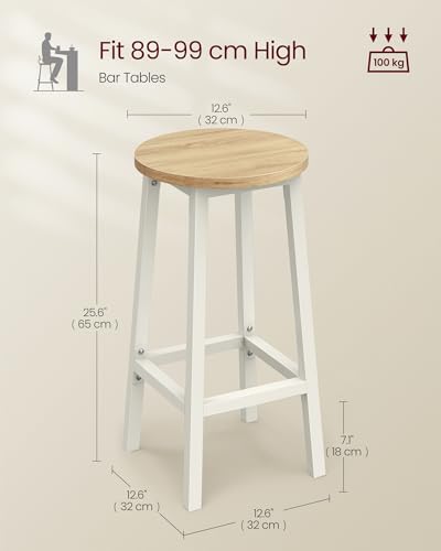 VASAGLE Stołek barowy, zestaw 2, krzesła barowe, krzesła kuchenne z metalową ramą, wysokość 65 cm, z podnóżkiem, do kuchni, salonu, jadalni, beżowego dębu i białego LBC032W09
