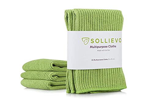 SOLLIEVO Microfiber Multipurpose Purpose Cleaning Cloth with IonTek© - Lint Free, Streak Free Towels - 300 Wash Guarantee - 3Pack (Green).
