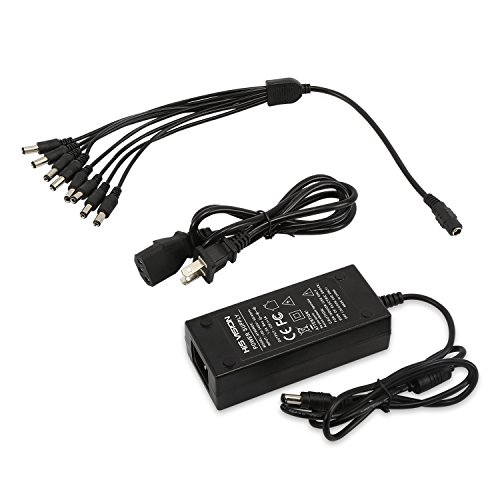 HISVISION Security Camera Power Adapter 12V 5A 100V-240V AC to DC 2.1x5.5mm w/ 8-Way Power Splitter Cable Power Supply-Fits DVR/NVR/AHD/TVI Security System, LED Strip Lights