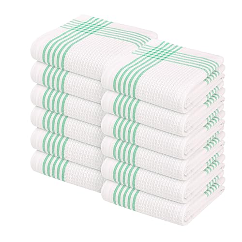 Image of Waffle White & Dark Green Kitchen Towels 12 Pack, 100% Cotton, 16x26 inches, Super Absorbent Tea Towel for Drying Dishes, Quick Drying Kitchen Cloth Set for Daily Cooking, Cleaning