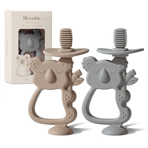 Image of Moonkie Teething Toy Set of 2, Safe & Easy to Hold BPA Free Silicone Teethers, 360° Baby Toothbrush with Suction Base, Teether Toys Best for Babies 6-12 Months (Koala Warm Taupe/Lunar Grey)