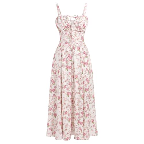 EFOGEP Women Floral Corset Dress, Boho Summer Spaghetti Straps Square Neck Casual Midi Dress Flowy Slit Bustier Dresses Corset Dress Formal Milkmaid Sundress Corset Back Dress White+Pink Floral S